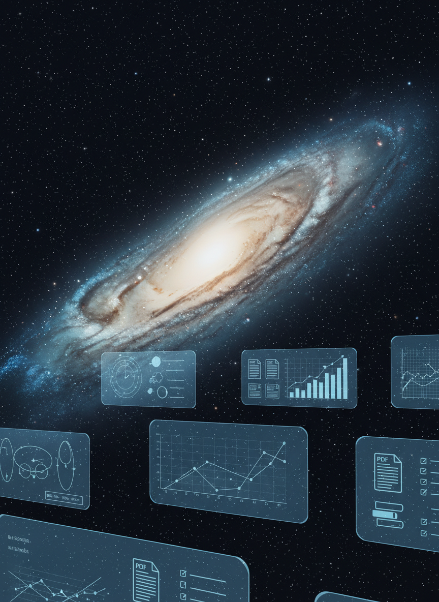 A detailed spiral galaxy viewed slightly edge-on with a luminous central bulge and delicate dust lanes, blended with semi-transparent holographic research data panels.