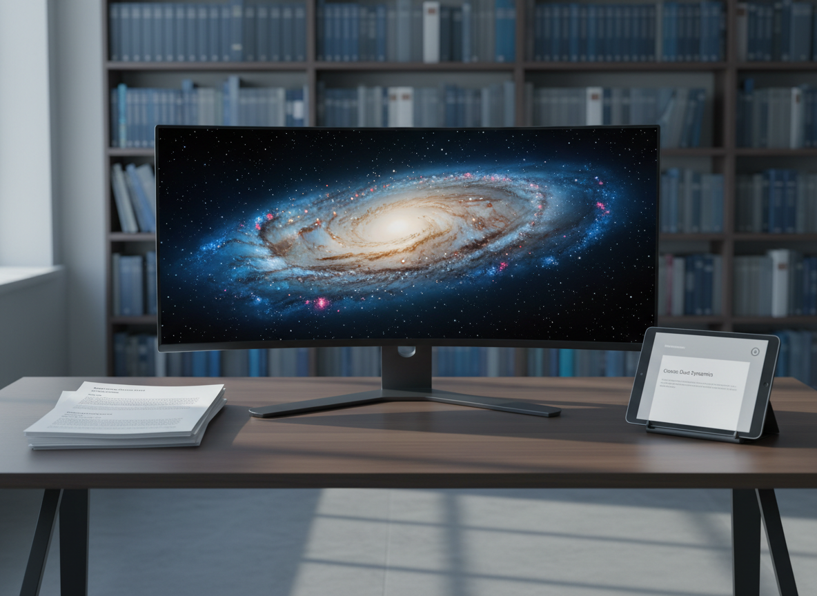 A wide, high-resolution photographic view of a sleek astrophysics research desk, dominated by a large, ultra-thin monitor showing a richly colored simulated galaxy with spiral arms and bright star-forming regions. Around it lie neatly stacked printed papers with visible but unreadable blocks suggesting titles, abstracts, dates, and references, and a tablet displaying a clean PDF-like page with a subtle download icon. The setting is a minimal, modern office with dark wood, matte-black metal, and a distant bookshelf filled with uniformly bound journals. Cool, diffused daylight from an unseen window creates soft reflections and gentle shadows. Shot at eye level with moderate depth of field, the composition is balanced and professional, evoking a calm, focused atmosphere of meticulous academic documentation and archival research.