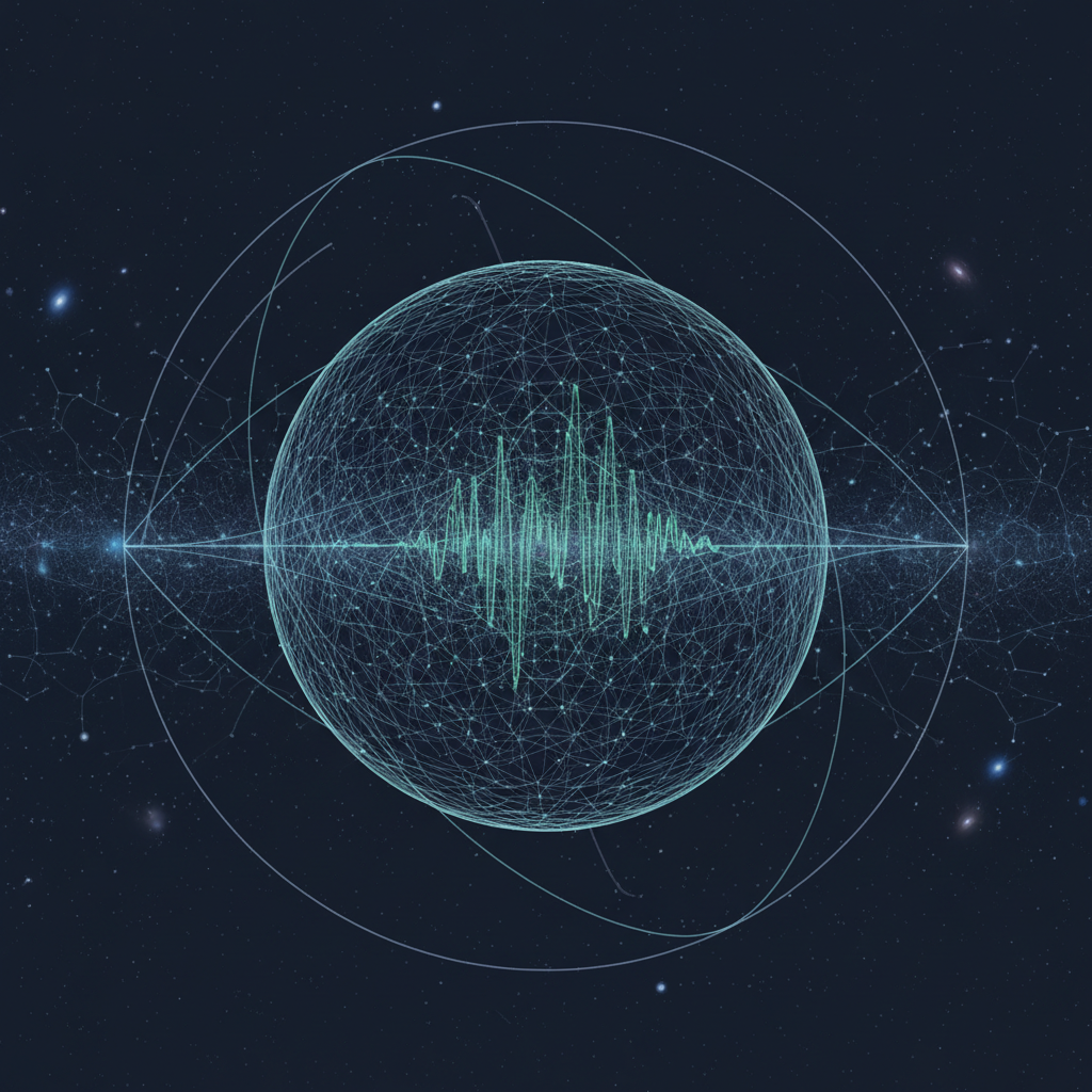 A precise, scientific visualization representing the variation of the gravitational constant and the expansion of the observable universe. Deep navy and charcoal background with a subtle cosmic web of faint filaments and distant galaxies, overlaid with restrained abstract curvature lines suggesting spacetime geometry and a growing sphere. Minimalist, academic, high-quality astronomical aesthetic — serious and rigorous, not decorative or commercial. Muted tones, no text, no bright warm colors.